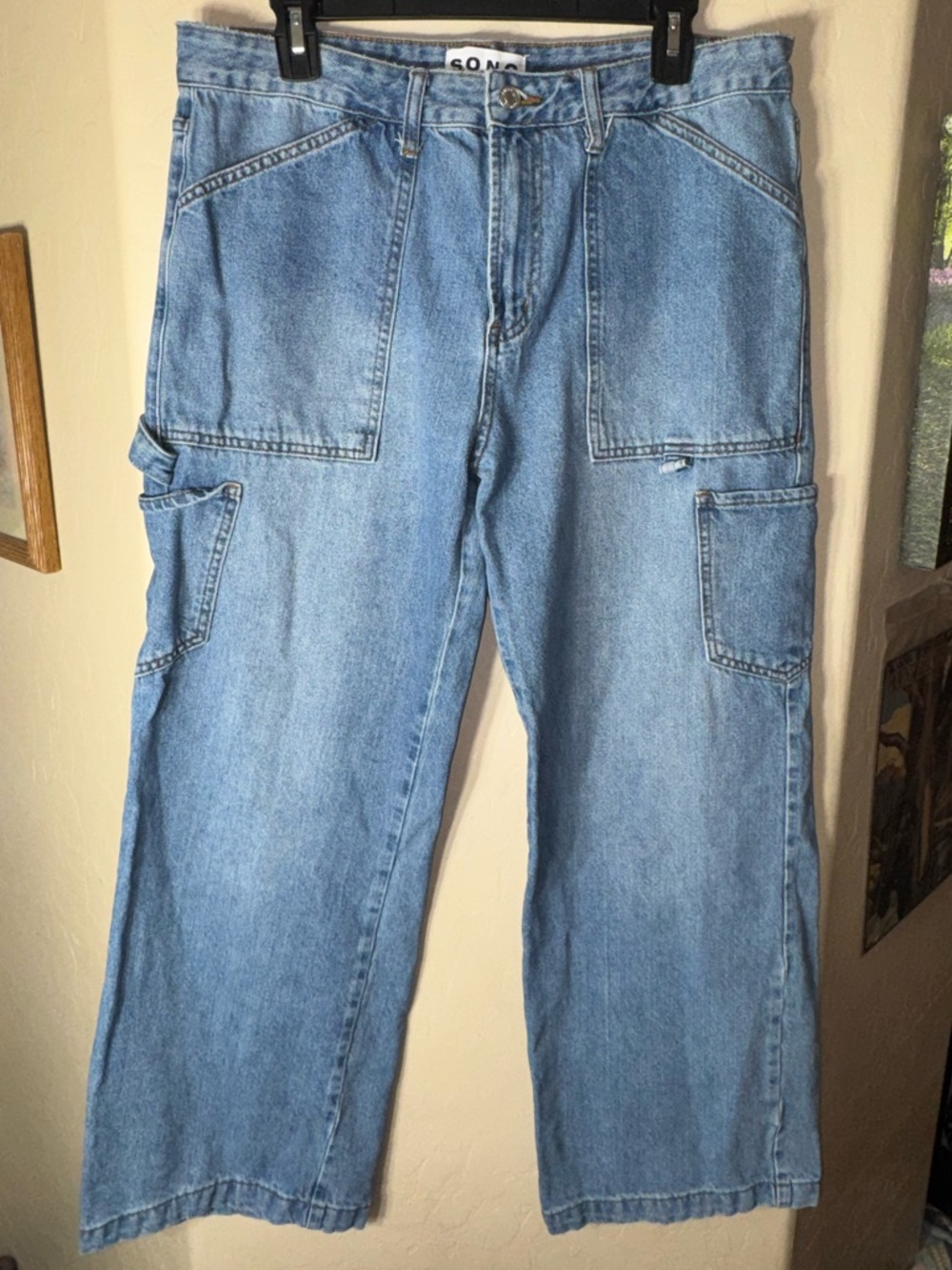 SON.G Light Wash Cargo Carpenter Jeans Size 13/31 Wide Leg Utility Denim